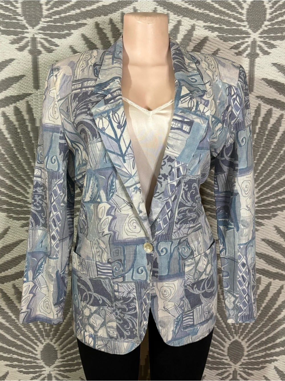 Vintage Abstract Linen Blend Blazer Jacket Womens Size M Coastal Grandma Resort